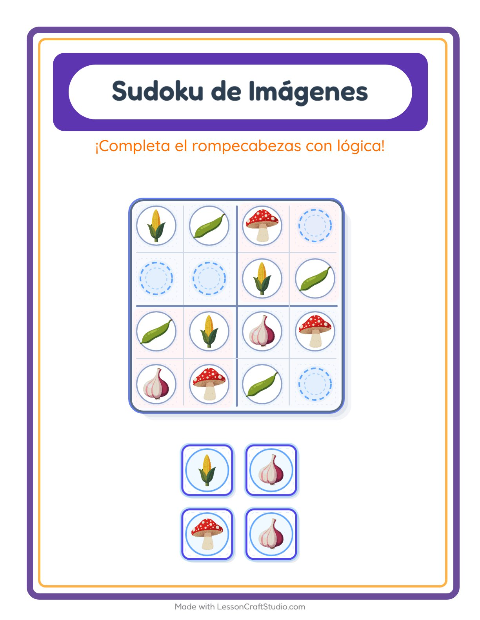 Vista previa de la hoja de Sudoku De Imágenes con Verduras para jardín infantil