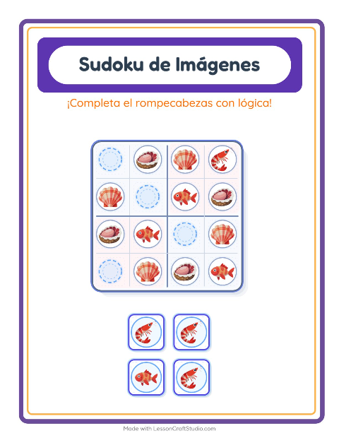 Vista previa de la hoja de Sudoku De Imágenes con Vida marina para jardín infantil