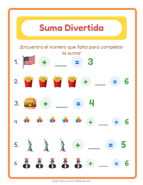 Vista previa de la hoja de Suma con 4 de Julio para jardín infantil