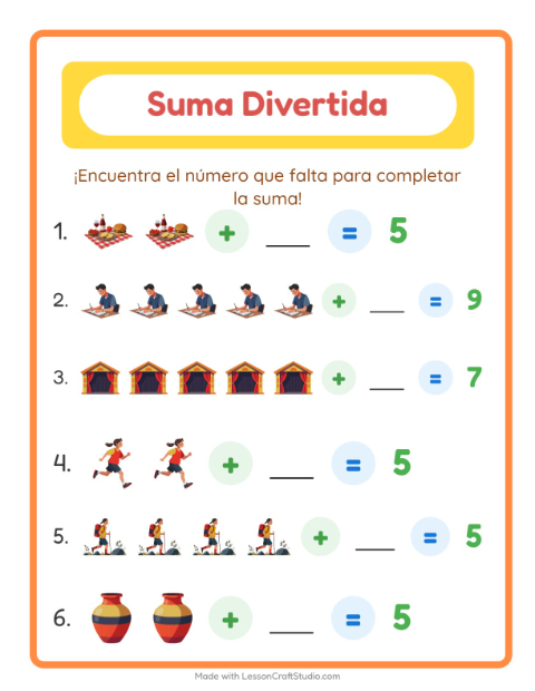 Vista previa de la hoja de Suma con Actividades para jardín infantil