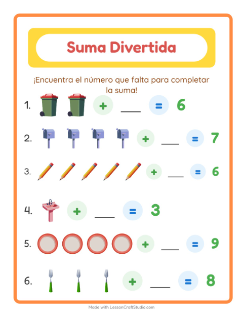 Vista previa de la hoja de Suma con Alrededor de la casa para jardín infantil