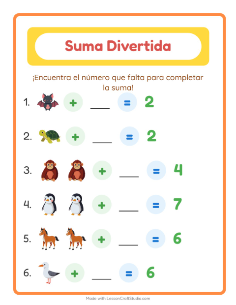 Vista previa de la hoja de Suma con Animales para jardín infantil