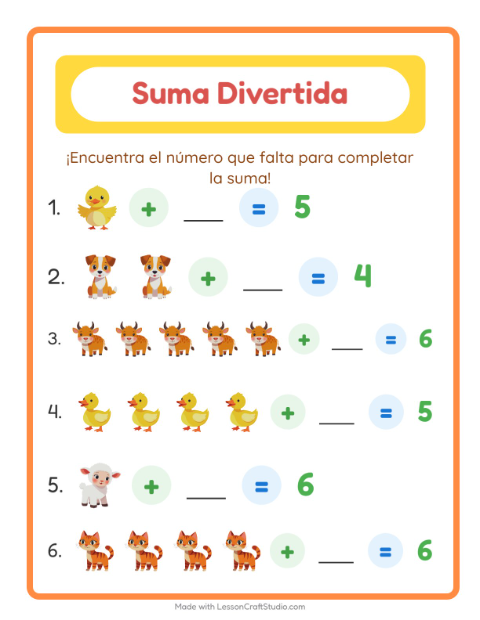 Vista previa de la hoja de Suma con Animales de granja para jardín infantil