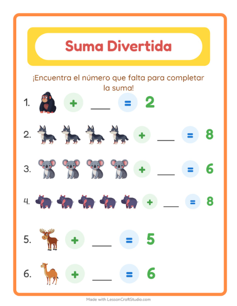 Vista previa de la hoja de Suma con Animales del zoológico para jardín infantil