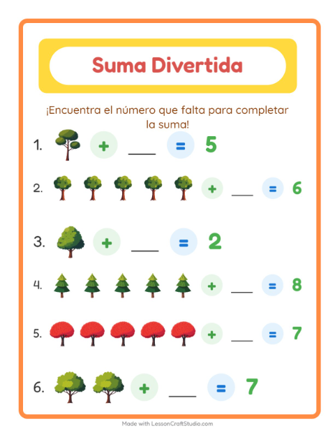 Vista previa de la hoja de Suma con Árboles para jardín infantil