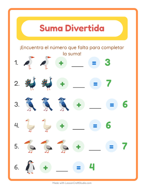 Vista previa de la hoja de Suma con Aves 2 para jardín infantil