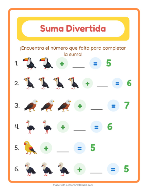 Vista previa de la hoja de Suma con Aves para jardín infantil
