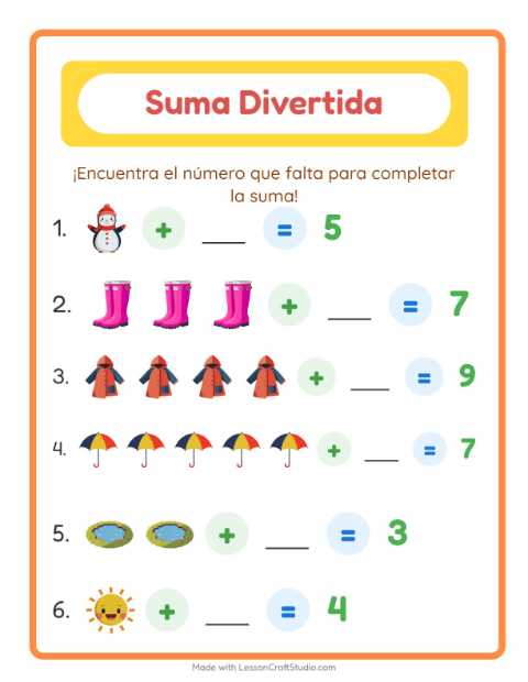 Vista previa de la hoja de Suma con Clima para jardín infantil