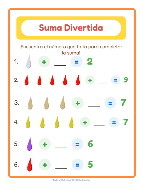 Vista previa de la hoja de Suma con Colores para jardín infantil