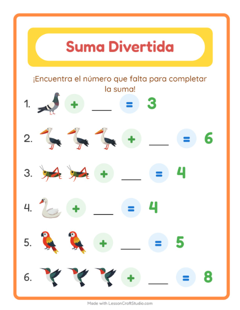 Vista previa de la hoja de Suma con Cosas que vuelan para jardín infantil