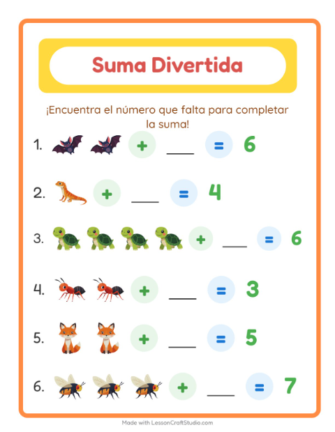 Vista previa de la hoja de Suma con Criaturas del bosque para jardín infantil