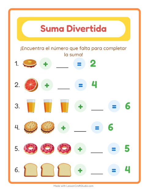 Vista previa de la hoja de Suma con Desayuno para jardín infantil