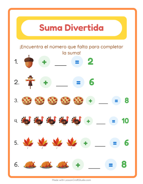 Vista previa de la hoja de Suma con Día de Acción de Gracias para jardín infantil