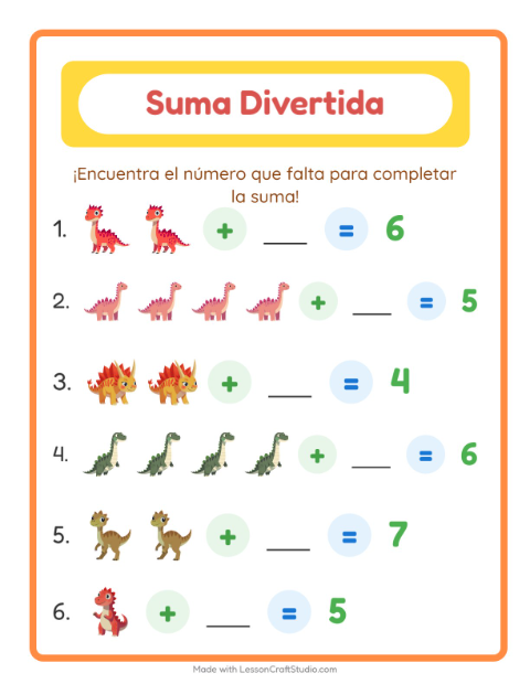 Vista previa de la hoja de Suma con Dinosaurios para jardín infantil