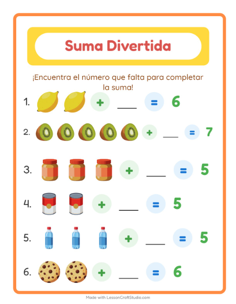 Vista previa de la hoja de Suma con En el supermercado para jardín infantil