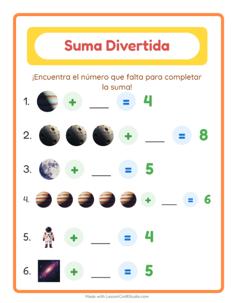 Vista previa de la hoja de Suma con Espacio para jardín infantil