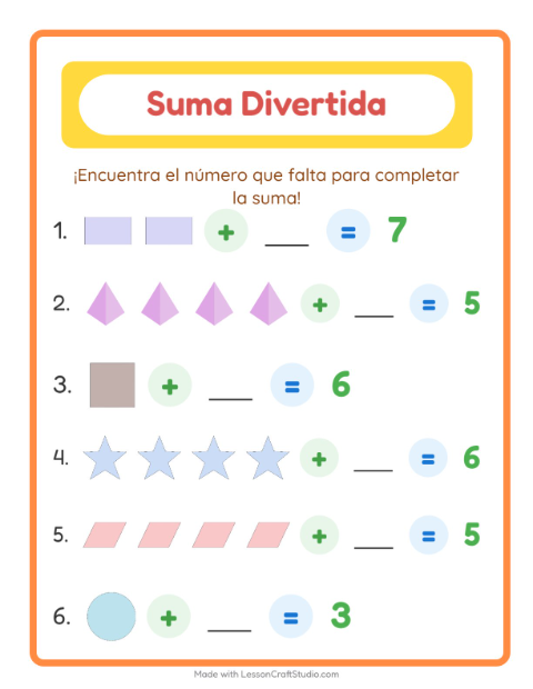 Vista previa de la hoja de Suma con Formas para jardín infantil