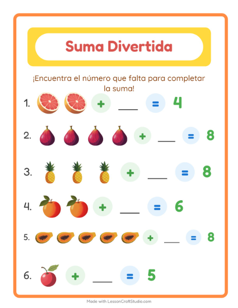 Vista previa de la hoja de Suma con Frutas para jardín infantil