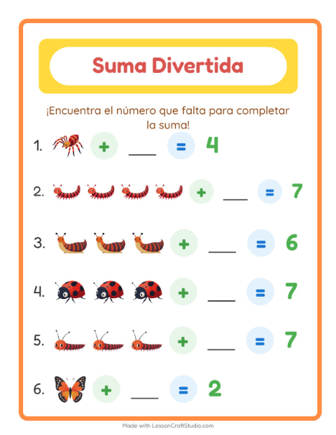 Vista previa de la hoja de Suma con Insectos y bichos para jardín infantil