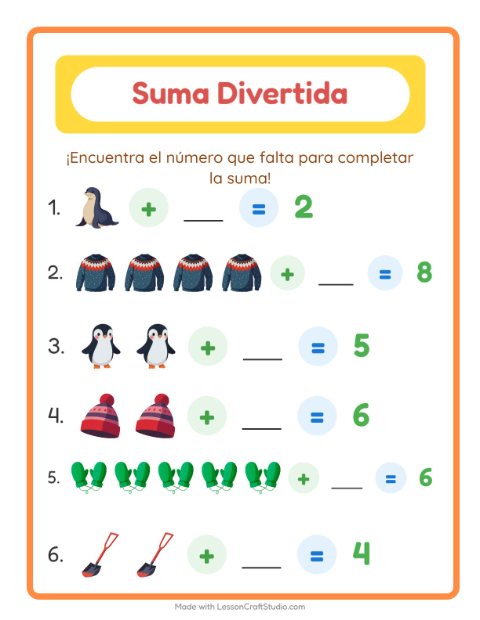 Vista previa de la hoja de Suma con Invierno para jardín infantil