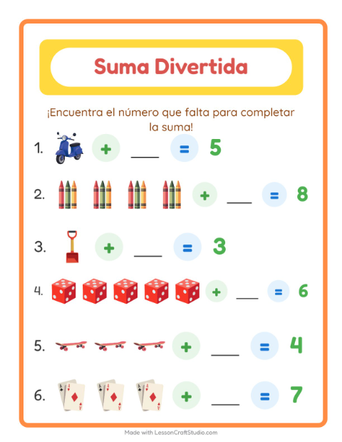 Vista previa de la hoja de Suma con Juguetes para jardín infantil