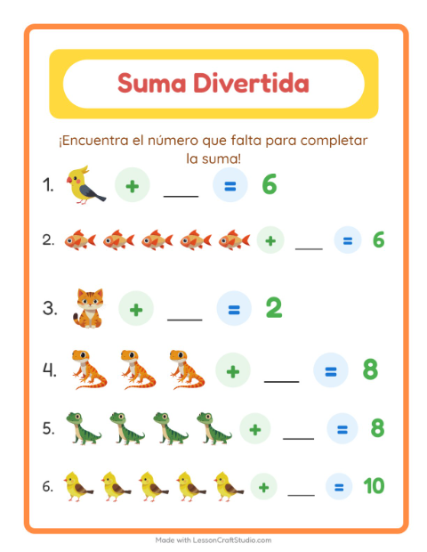 Vista previa de la hoja de Suma con Mascotas para jardín infantil