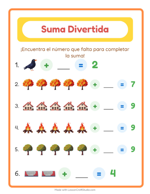 Vista previa de la hoja de Suma con Misceláneo para jardín infantil