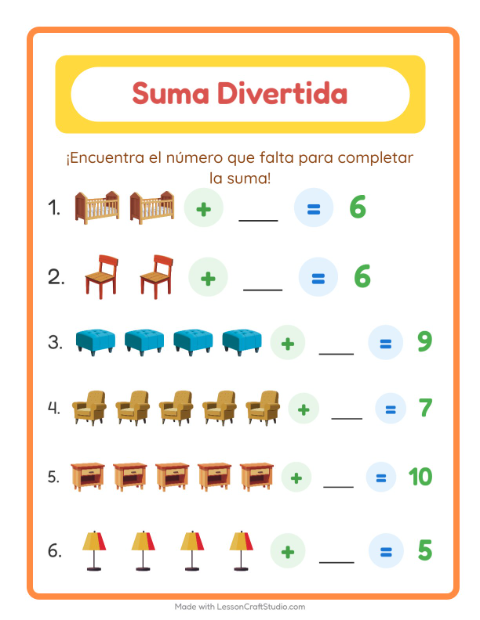 Vista previa de la hoja de Suma con Muebles para jardín infantil