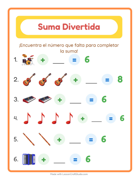 Vista previa de la hoja de Suma con Música para jardín infantil