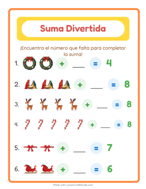 Vista previa de la hoja de Suma con Navidad para jardín infantil
