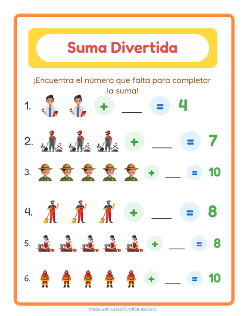 Vista previa de la hoja de Suma con Ocupaciones para jardín infantil