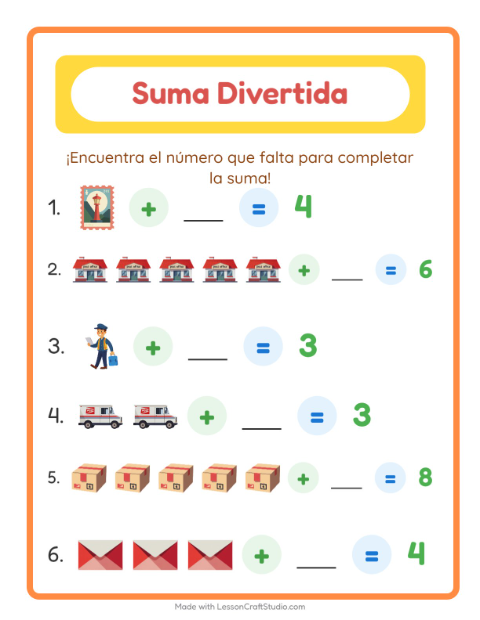 Vista previa de la hoja de Suma con Oficina de correos para jardín infantil
