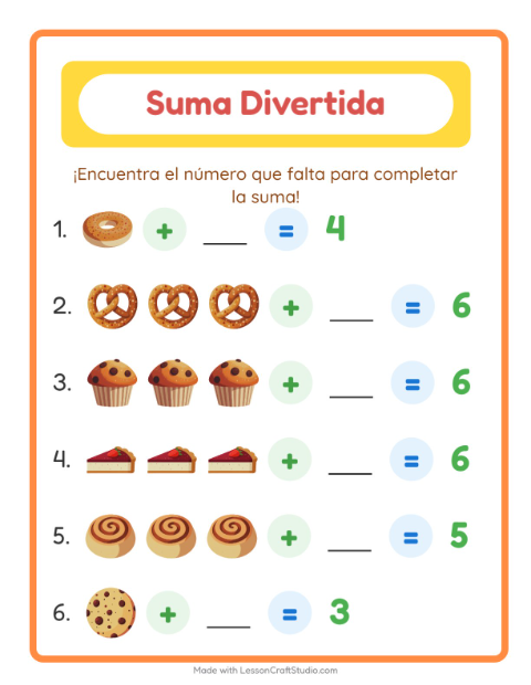 Vista previa de la hoja de Suma con Panadería para jardín infantil