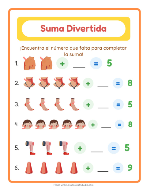 Vista previa de la hoja de Suma con Partes del cuerpo para jardín infantil