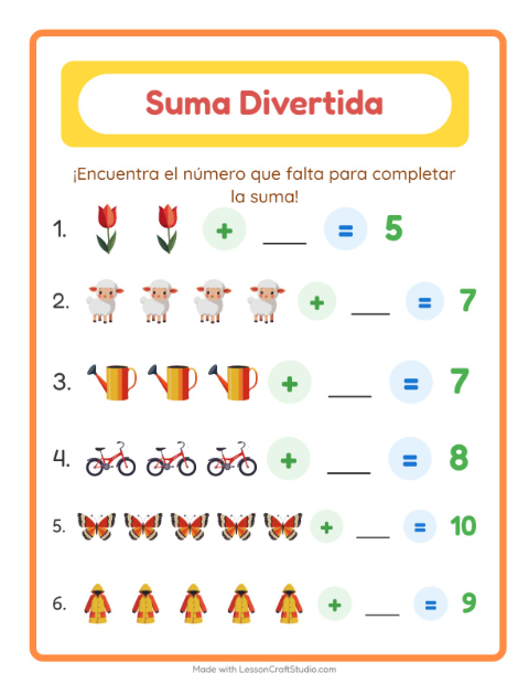 Vista previa de la hoja de Suma con Primavera para jardín infantil