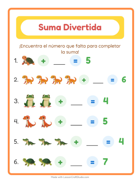 Vista previa de la hoja de Suma con Reptiles y anfibios para jardín infantil