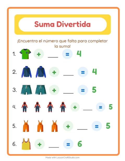 Vista previa de la hoja de Suma con Ropa para jardín infantil