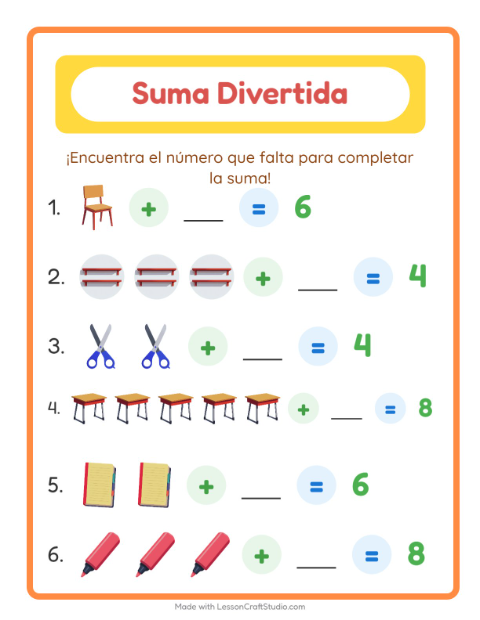 Vista previa de la hoja de Suma con Salón de clases para jardín infantil