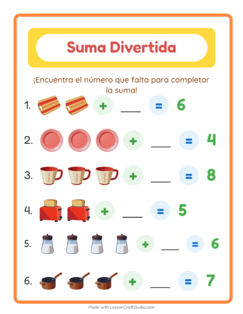 Vista previa de la hoja de Suma con Utensilios de cocina para jardín infantil