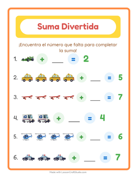 Vista previa de la hoja de Suma con Vehículos para jardín infantil
