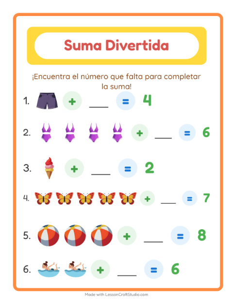 Vista previa de la hoja de Suma con Verano para jardín infantil