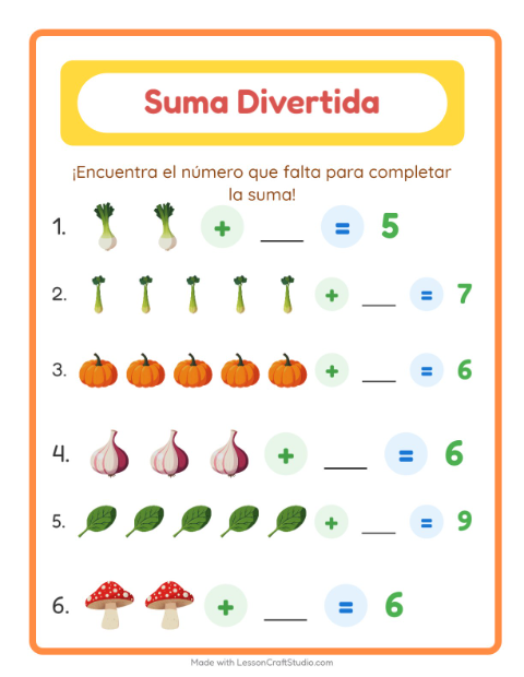 Vista previa de la hoja de Suma con Verduras para jardín infantil