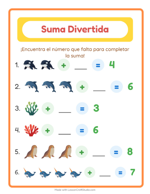 Vista previa de la hoja de Suma con Vida marina para jardín infantil