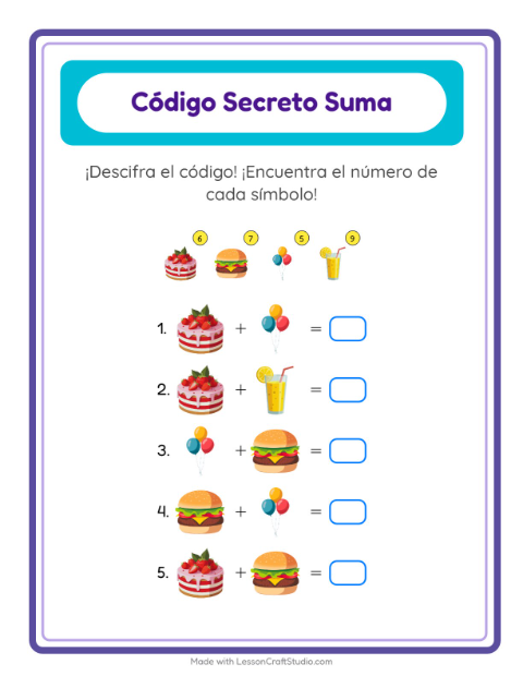 Vista previa de la hoja de Suma Codificada con 4 de Julio para jardín infantil