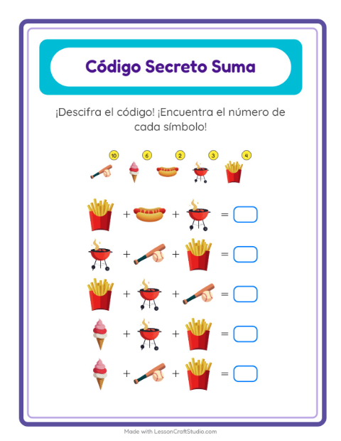 Vista previa de la hoja de Suma Codificada con 4 de Julio para jardín infantil