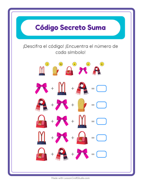 Vista previa de la hoja de Suma Codificada con Accesorios para jardín infantil