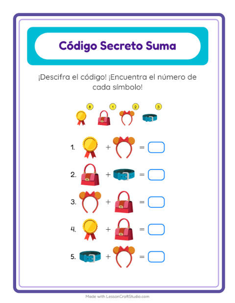 Vista previa de la hoja de Suma Codificada con Accesorios para jardín infantil
