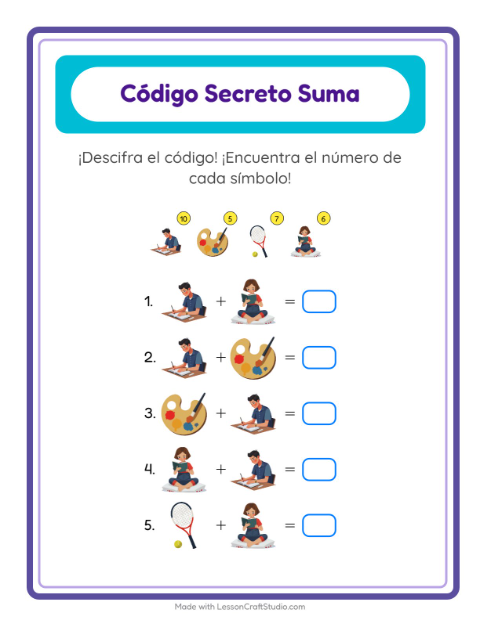 Vista previa de la hoja de Suma Codificada con Actividades para jardín infantil