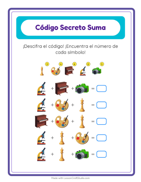 Vista previa de la hoja de Suma Codificada con Actividades para jardín infantil