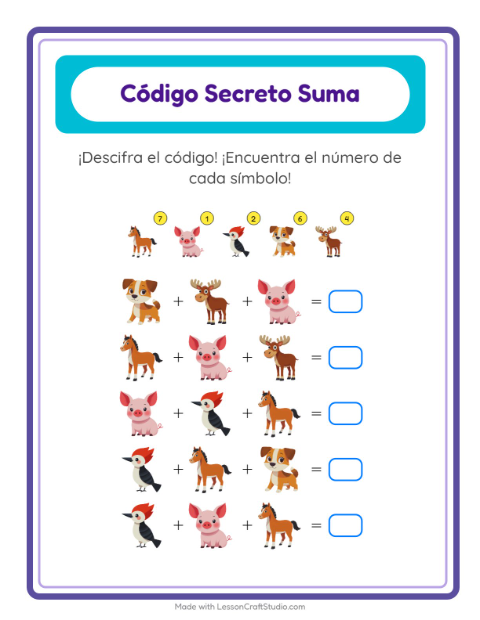Vista previa de la hoja de Suma Codificada con Animales para jardín infantil
